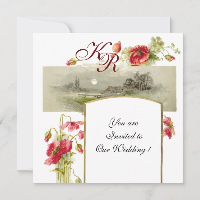 ROMANTİCA MONOGRAM / POPPIES,red,green,white Invitation (Front)