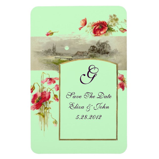 ROMANTİCA  MONOGRAM /POPPIES,Save The Date,Green Magnet (Vertical)