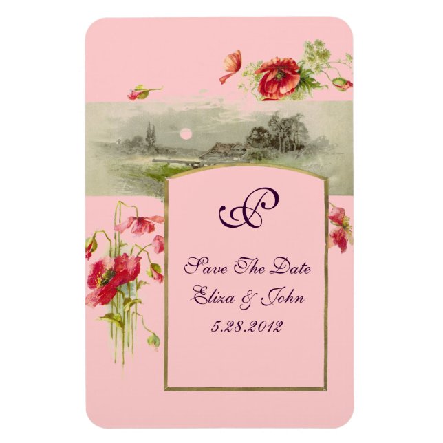 ROMANTİCA  MONOGRAM /POPPIES,Save The Date,Pink Magnet (Vertical)