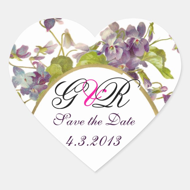 ROMANTİCA MONOGRAM / PURPLE VIOLETS SAVE THE DATE HEART STICKER (Front)