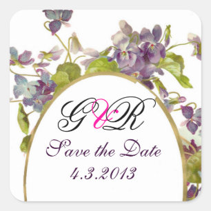 ROMANTİCA MONOGRAM / PURPLE VIOLETS SAVE THE DATE SQUARE STICKER