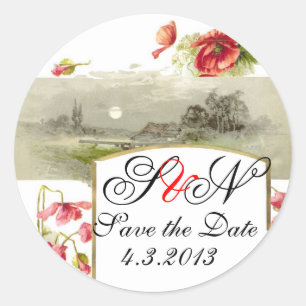 ROMANTİCA MONOGRAM / RED POPPIES SAVE THE DATE CLASSIC ROUND STICKER
