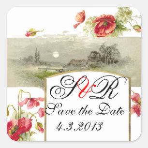 ROMANTİCA MONOGRAM / RED POPPIES SAVE THE DATE SQUARE STICKER