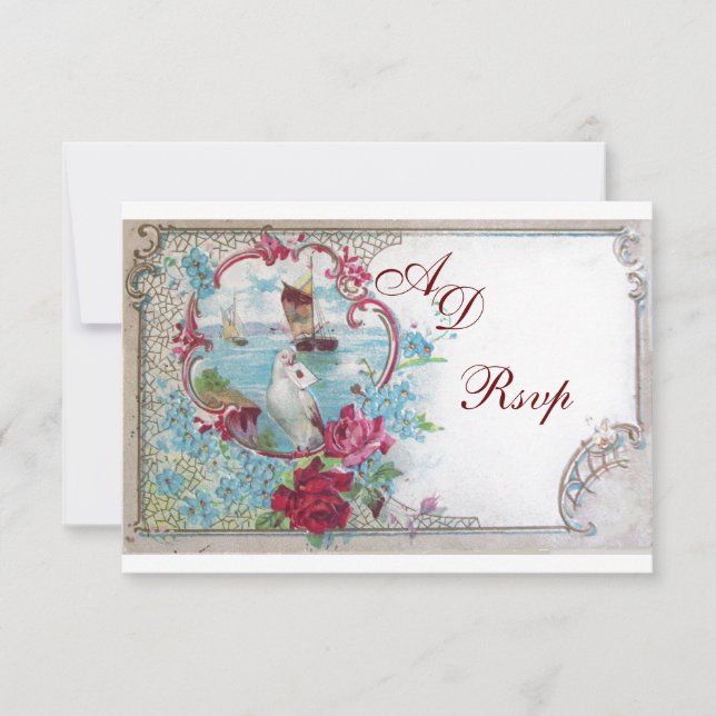 ROMANTICA  MONOGRAM RSVP, red blue pink white RSVP Card (Front)