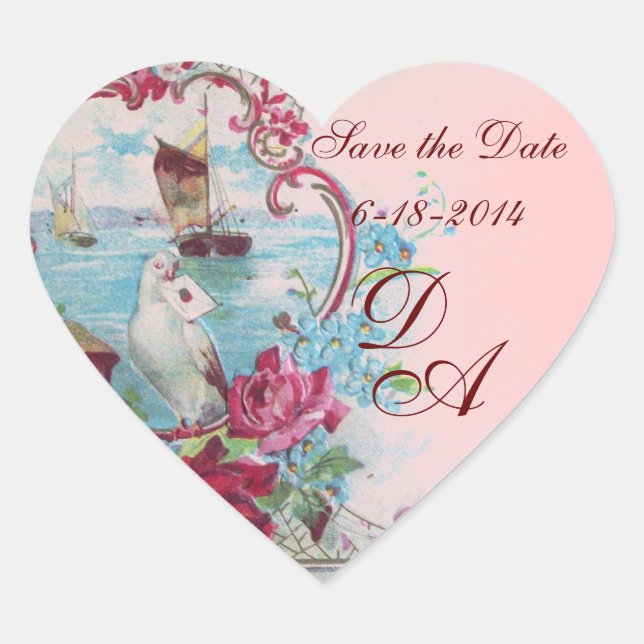 ROMANTICA MONOGRAM,Save the Date,pink Heart Sticker (Front)