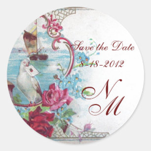 ROMANTICA MONOGRAM,Save the Date,white Classic Round Sticker