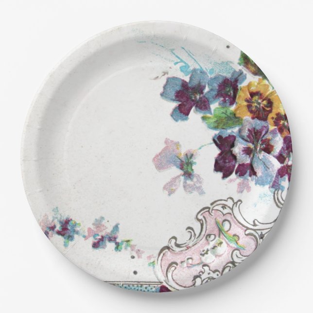 ROMANTICA Pink Blue White Wedding Floral Paper Plate (Front)