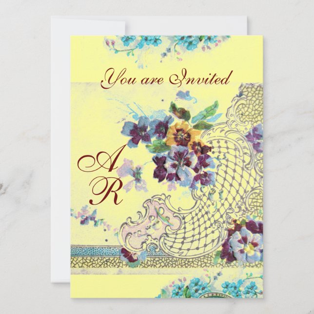 ROMANTICA Pink Blue Yellow Floral Wedding Monogram Invitation (Front)