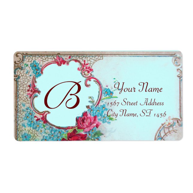 ROMANTICA RED ROSES,BLUE FLOWERS MONOGRAM Teal (Front)