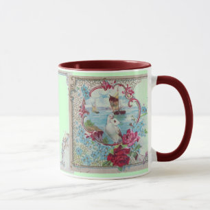 ROMANTICA, TEAL BLUE GREEN PINK FLORAL ROSES,DOVE MUG