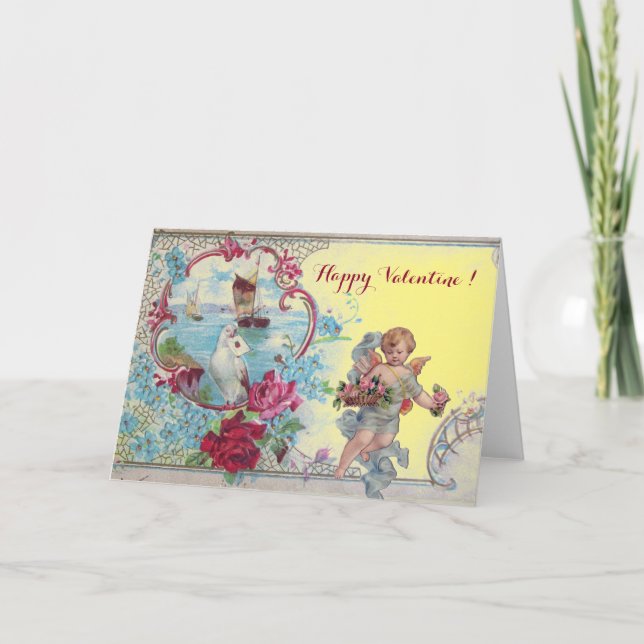 ROMANTICA /VALENTINE CUPID GATHERING PINK ROSES HOLIDAY CARD (Front)