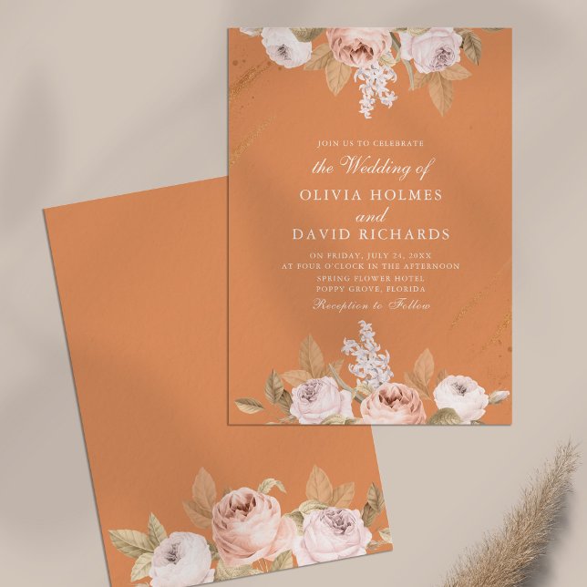 Romantique Apricot Peony Faire-part de mariage (Romantic Apricot Peony Wedding Invitation on neutral table)
