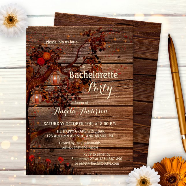 Romantique Automne Bachelorette Fête Invitation (Rustic bachelorette invitation featuring an autumn tree with colorful leaves, roses and lanterns)