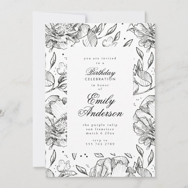 Romantique Black Floral Élégant Invitation Anniver (Devant)