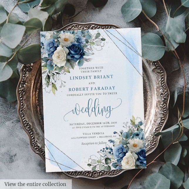 Romantique Bleu foncé Roses Faire-part de mariage (Romantic Dark Blue Silver Roses Wedding Invitation)