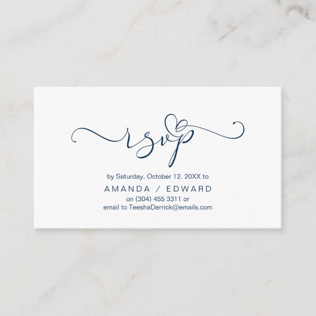 Romantique, bleu marine, Invitation RSVP, répondre (Devant)
