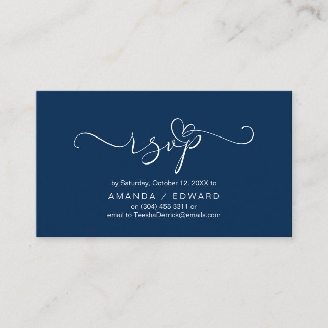 Romantique, bleu marine, Invitation RSVP, répondre (Devant)