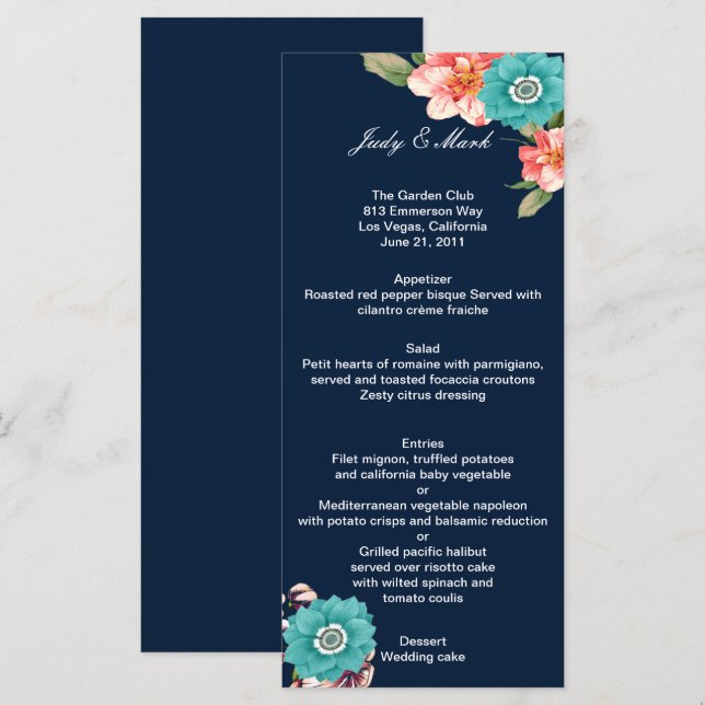 Romantique Blue Rose Floral Mariage Menu (Devant / Derrière)