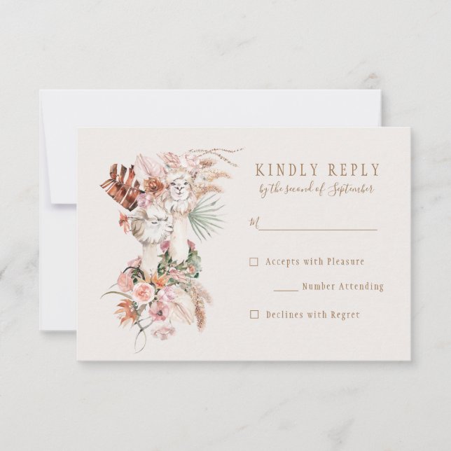 Romantique Bohème Llama Wedding RSVP Réponse (Devant)