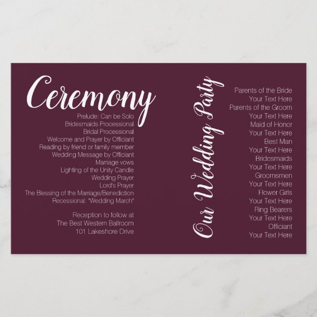 Romantique Bourgogne Mariage programme de cérémoni (Devant)