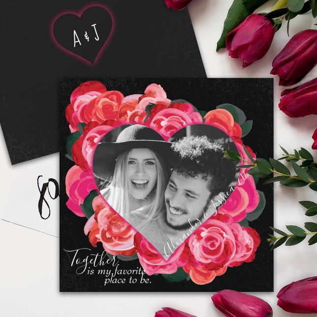 Romantique Carte Saint Valentin Coeur Photo Cadre (red roses, heart shaped photo Valentine's day card, Romantic red rose bouquet, red & black rose art)