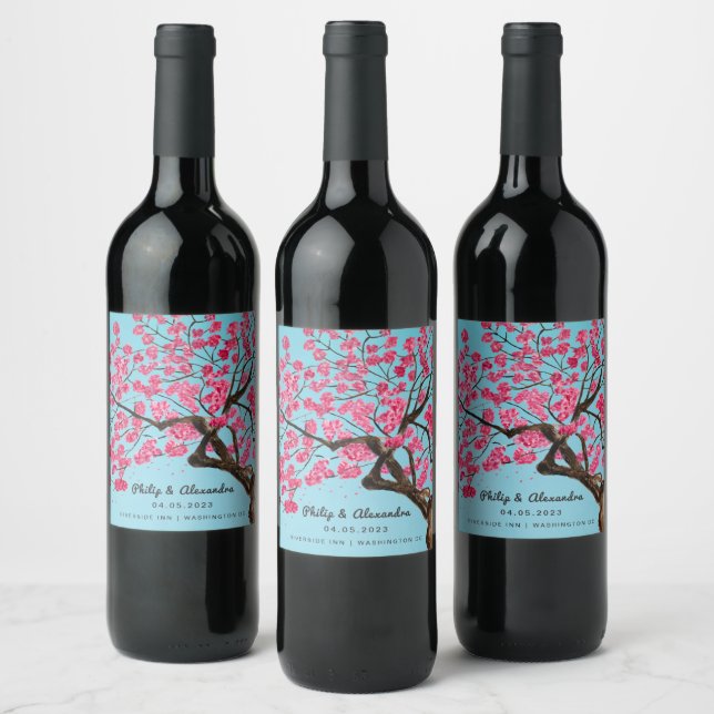 Romantique Cerise Fleurs Vins Étiquette (Bouteilles)