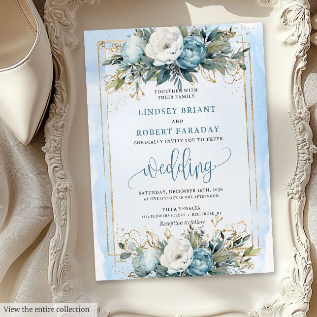 Romantique Dusty Blue Gold Floral Faire-part de ma (Romantic Dusty Blue Gold Floral Wedding Invitation)