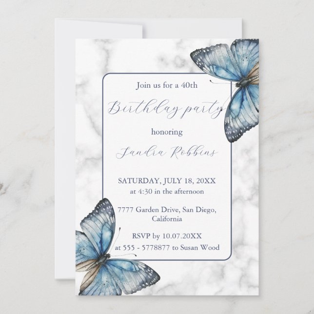 Romantique papillons bleu Anniversaire Invitation (Devant)
