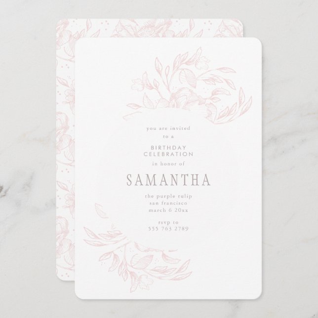 Romantique rose dessiné Floral Invitation Annivers (Devant / Derrière)