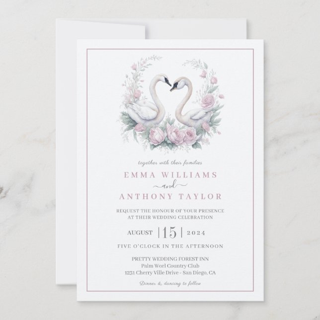 Romantique Rose Swan Couple Faire-part de mariage (Devant)