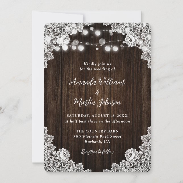 Romantique Rustique dentelle en bois Invitations d (Devant)