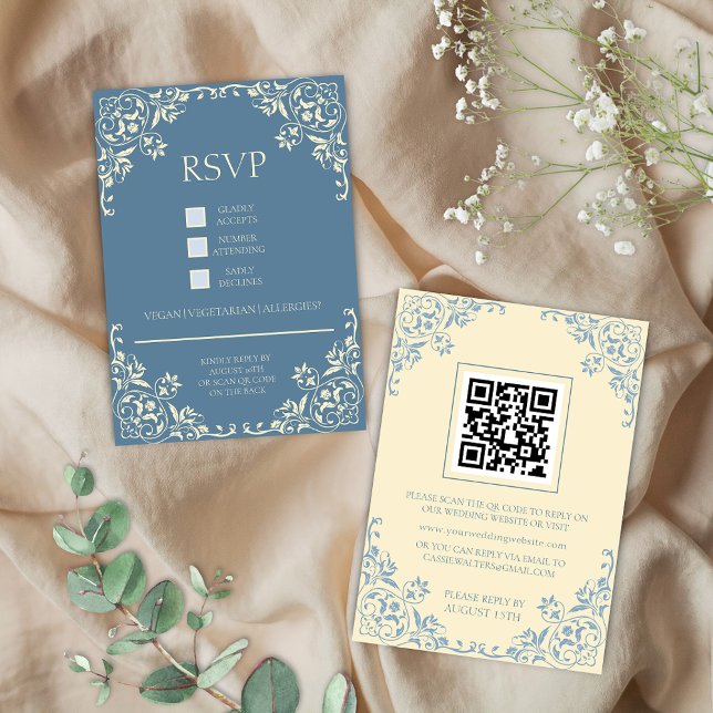 Romantique Vintage Beurre jaune et bleu carte RSVP (Vintage romantic butter yellow and dusty blue wedding rsvp cards with qr code for elegant french)