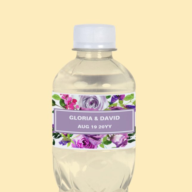 Romantique violet floral Étiquette bouteille d'eau (Créateur téléchargé)