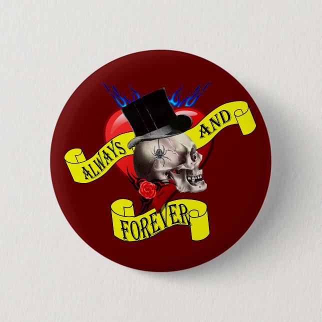 Romatic skull and heart tattoo design 2 inch round button (Front)