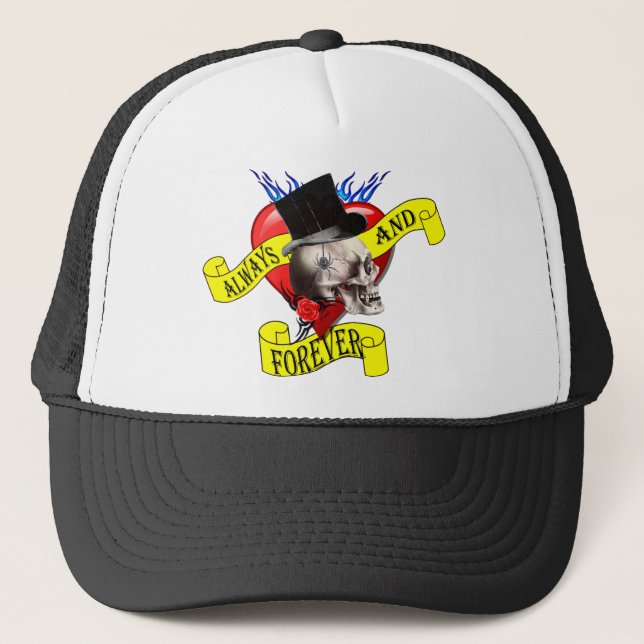 Romatic skull and heart tattoo design trucker hat (Front)