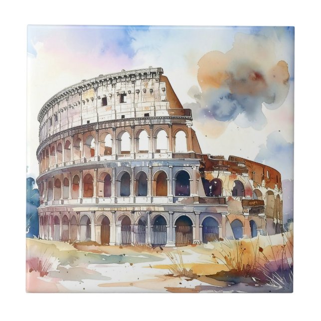 Rome Coliseum, Italy, in watercolor style Tile (Front)