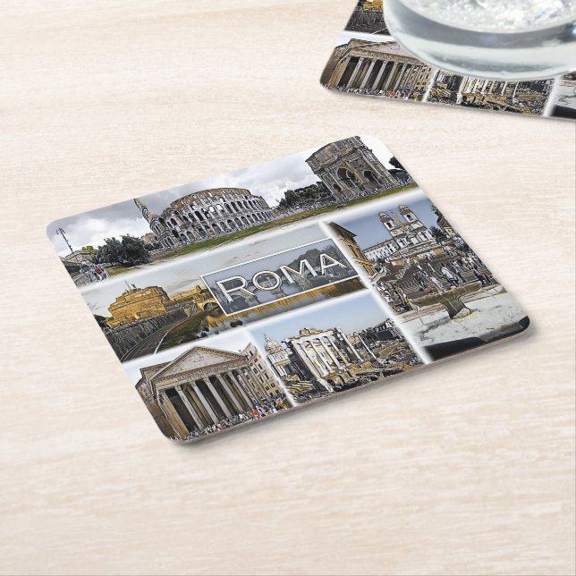 Rome ^ Colosseum - Arch of Constantine - Pantheon Square Paper Coaster (Angled)