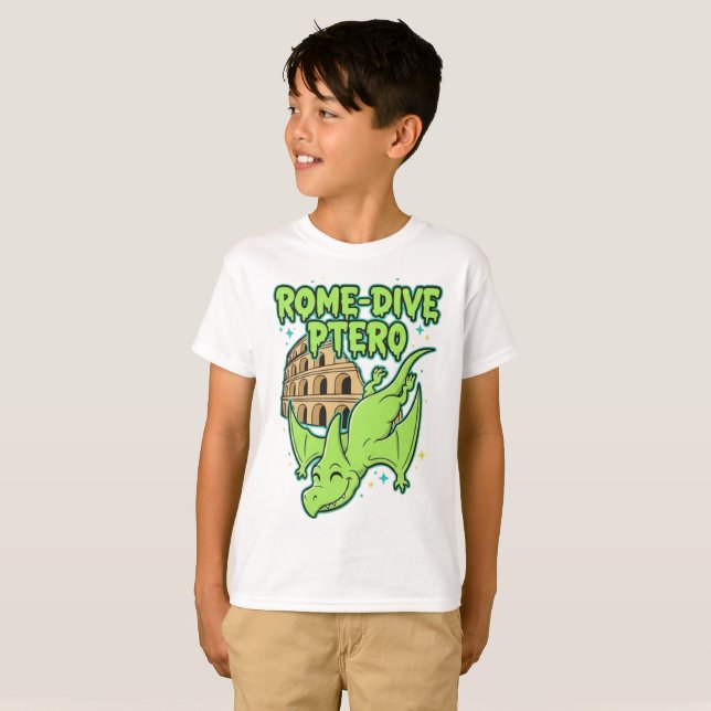 Rome-Dive Ptero Cute Dinosaur & Colosseum Travel A T-Shirt (Front Full)
