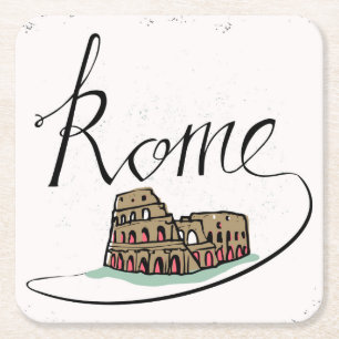 Rome Hand Lettered Design Square Paper Coaster