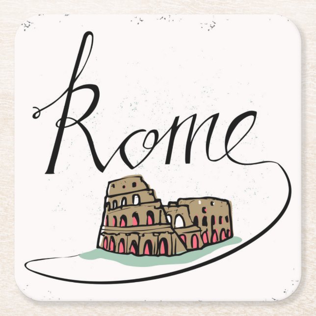 Rome Hand Lettered Design Square Paper Coaster (Front)