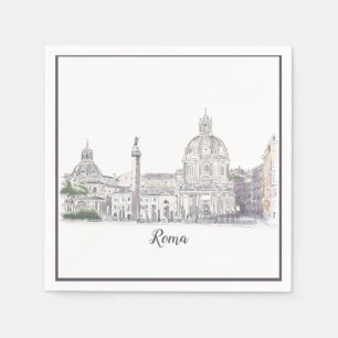 Rome Italy Domes and Obelisk City Scene Ink Sketch Napkin