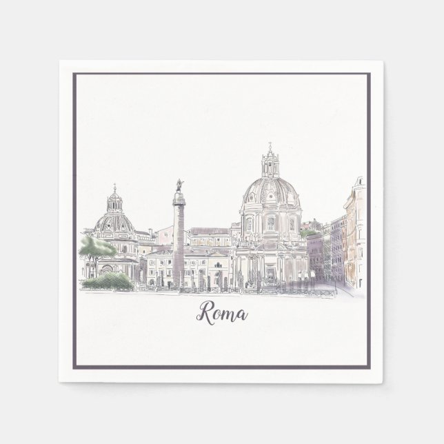 Rome Italy Domes and Obelisk City Scene Ink Sketch Napkin (Front)