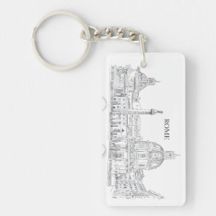 Rome Italy Domes and Obelisk Ink Drawing Keychain