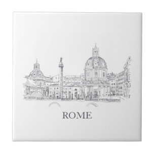 Rome Italy Domes and Obelisk Pen and Ink Sketch Tile