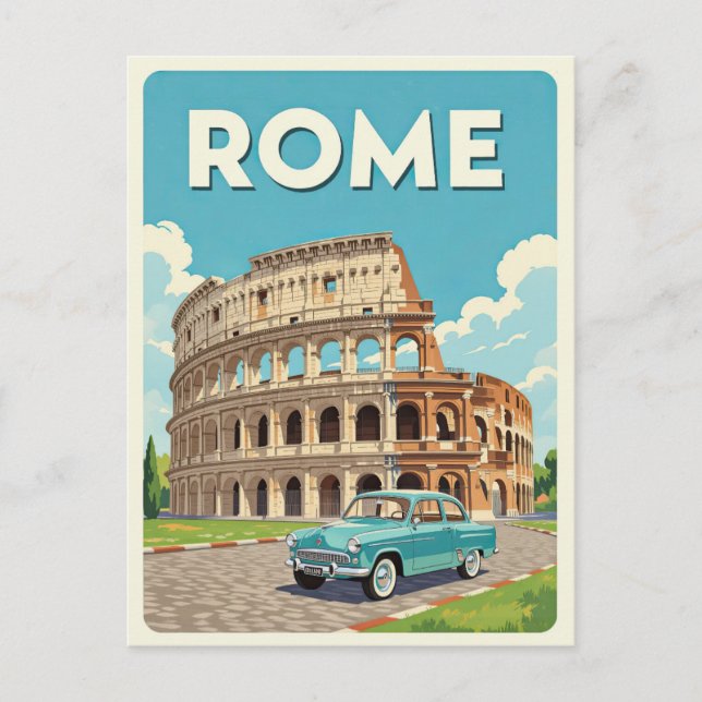 Rome Italy Vintage Car Italian Colosseum Travel Postcard (Front)