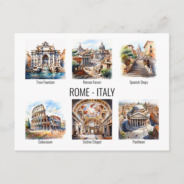 Rome most popular tourist attractions watercolor postcard (Front)