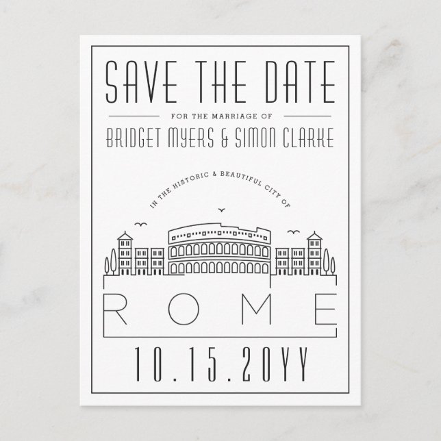 Rome Wedding | Stylized Skyline Save the Date Postcard (Front)
