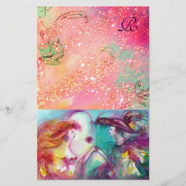 ROMEO AND JULIET,PINK GOLD SPARKLES MONOGRAM STATIONERY (Front)
