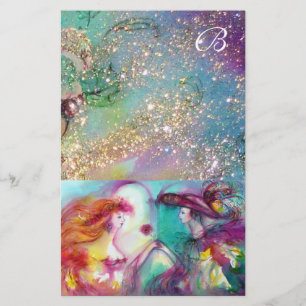 ROMEO AND JULIET,TEAL BLUE GOLD SPARKLES MONOGRAM STATIONERY