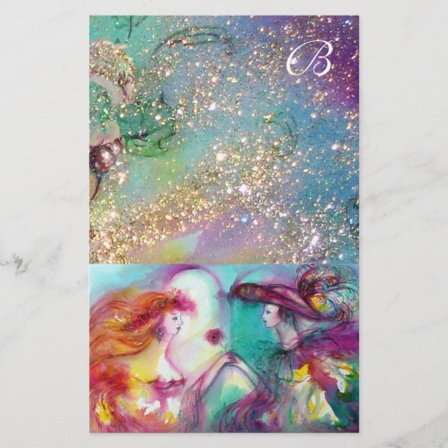 ROMEO AND JULIET,TEAL BLUE GOLD SPARKLES MONOGRAM STATIONERY (Front)